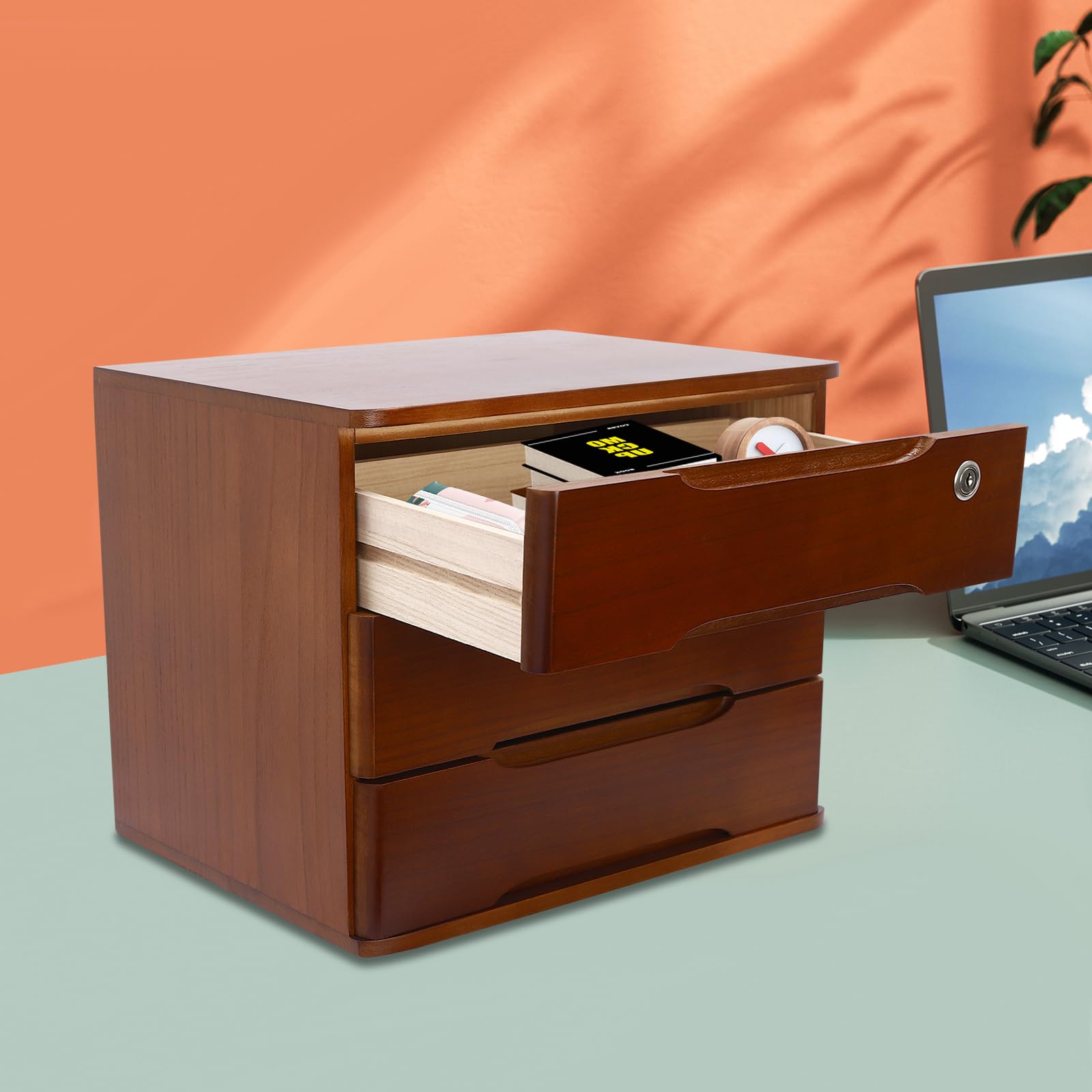 Organizer da scrivania, organizzatore da scrivania a 3 livelli, in legno, con cassetti richiudibili, organizer da tavolo per ufficio, 39 x 30 x 31 cm (noce)