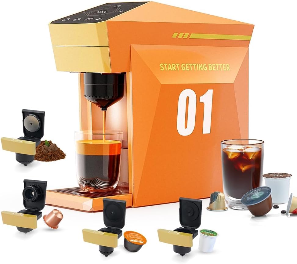 Image of 4in1 Single Serve Coffee Maker, 19 Bar Espresso Maker Coffee Machine For K-Cup /Nespresso Original Line Capsules /Dolce Gusto /Ground Coffee (Orange)