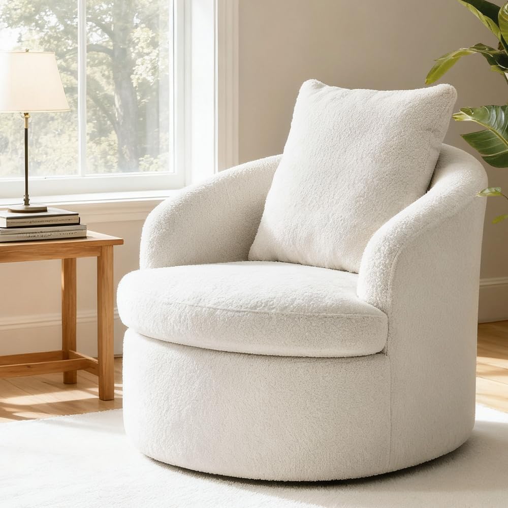 Artiss Swivel Chair Round Armchair, Small Accent Sofa Sherpa Chair Armrest Back Cushion,360° Swivel, for Living Room Bedroom, White, Max 150kg Capacity