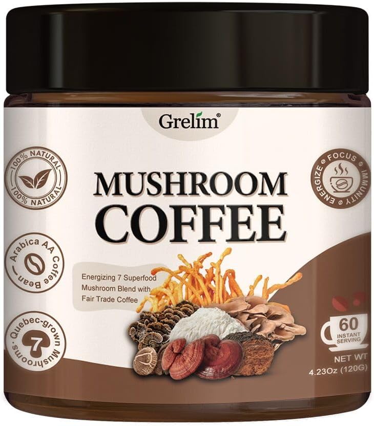Grelim Mushroom Coffee with 7 Superfood Mushrooms, Great Tasting Arabica Instant Coffee 4.23 Oz