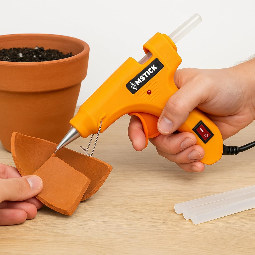 MSTICK Hot Melt Glue Gun with 5 Strong Adhesive Glue Sticks, 20W, Fast Heating and Anti-Drip Design, Ideal for DIY Crafts, School Projects, Quick Home Repairs and Creative Work (Yellow) 1
