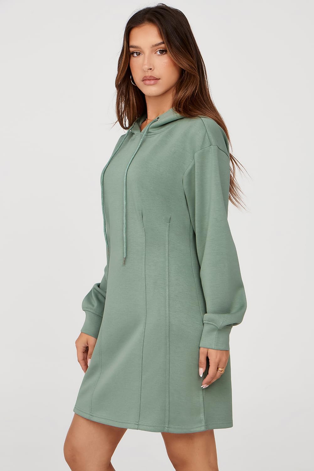 AlvaQ Womens Hoodie Dresses Fall Winter 2025 Casual Long Sleeve Drawstring Pleated Sweatshirt Pullover Tunic Mini Dress - Image 3