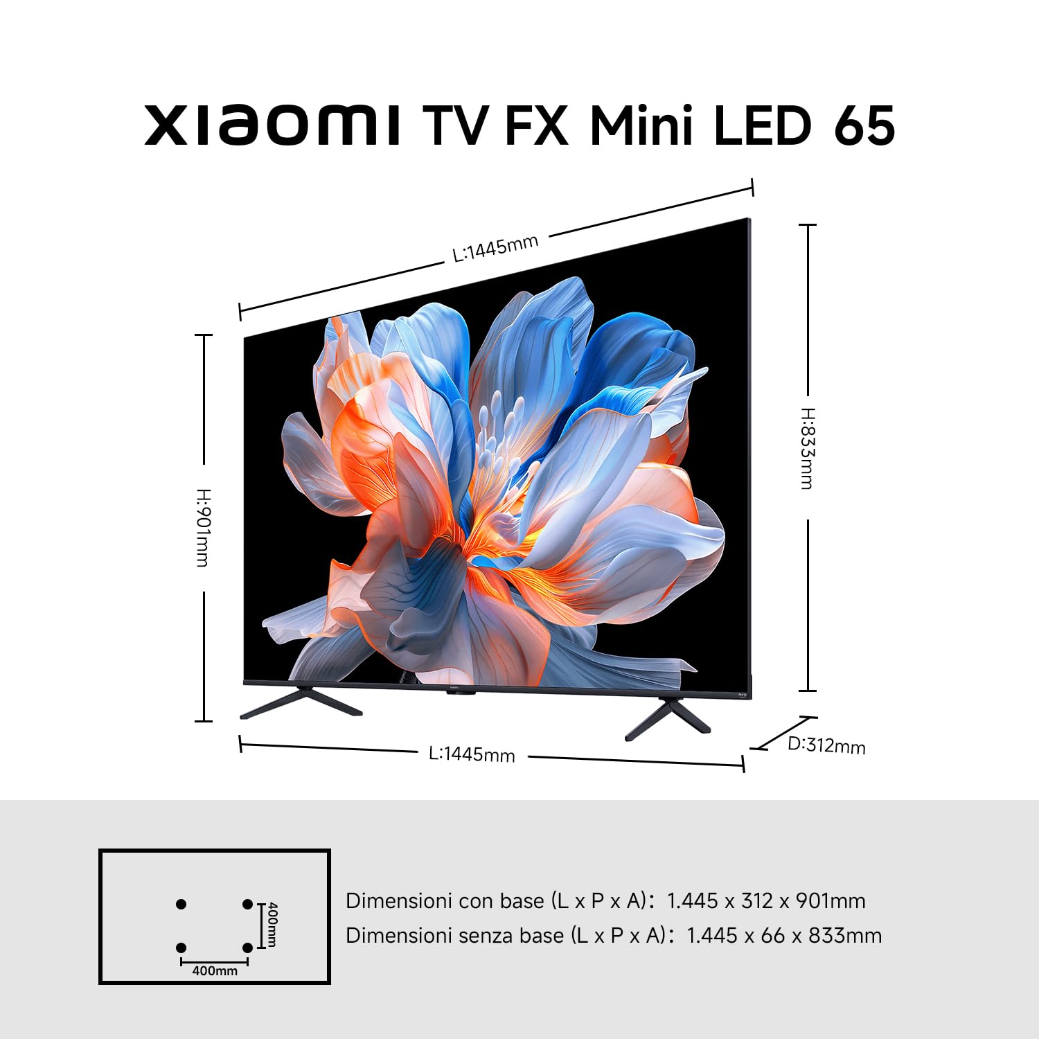 XIAOMI TV FX Mini LED da 65″(165 cm), Smart TV QD-Mini LED, 4K UHD, Fire TV, HDR10+, 60 Hz con modalità Game Boost a 120 Hz, MEMC, DTS:X, AirPlay 2, HDMI, modalità Filmmaker, comando vocale con Alexa
