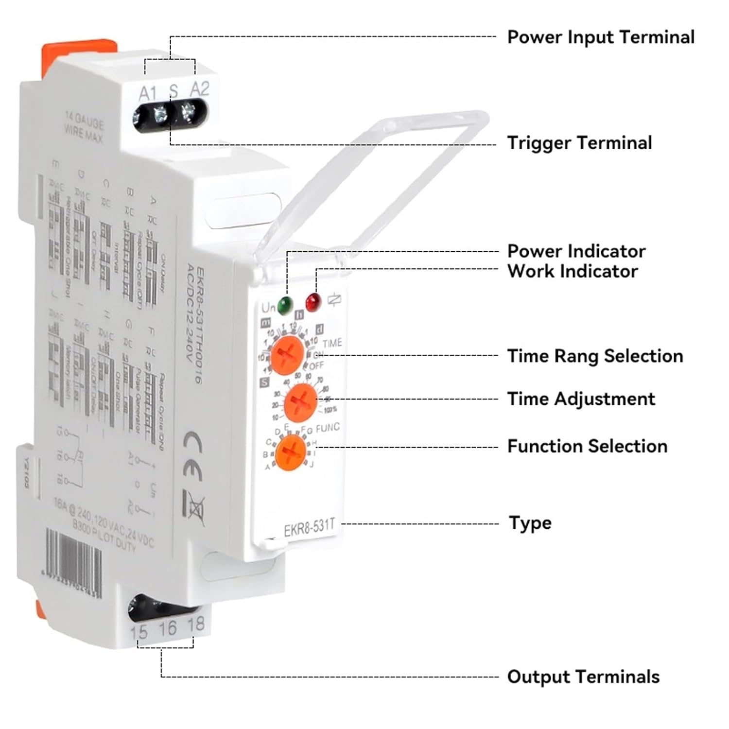 Multifunction Timer Relay with 10 Function AC/DC 12V 220V 230V 16A DPDT SPDT Time Delay Relay EKR8-531TH/532T(532TH(ACDC 12V-240V))