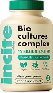 Bio Cultures Complex 45 Billion CFU. 1 Month Supply of Prebiotics and Probiotics. 15 Bacterial Strains + Inulin for Digestive Support and Gut Health. Suitable for Vegetarians & Vegans