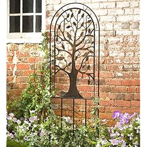 Plow Hearth Arched Metal Garden Trellis with Symbolic Tree of Life Design Weather Resistant Matte Black Powder Coat Finish and Burnished Bronze Highlights