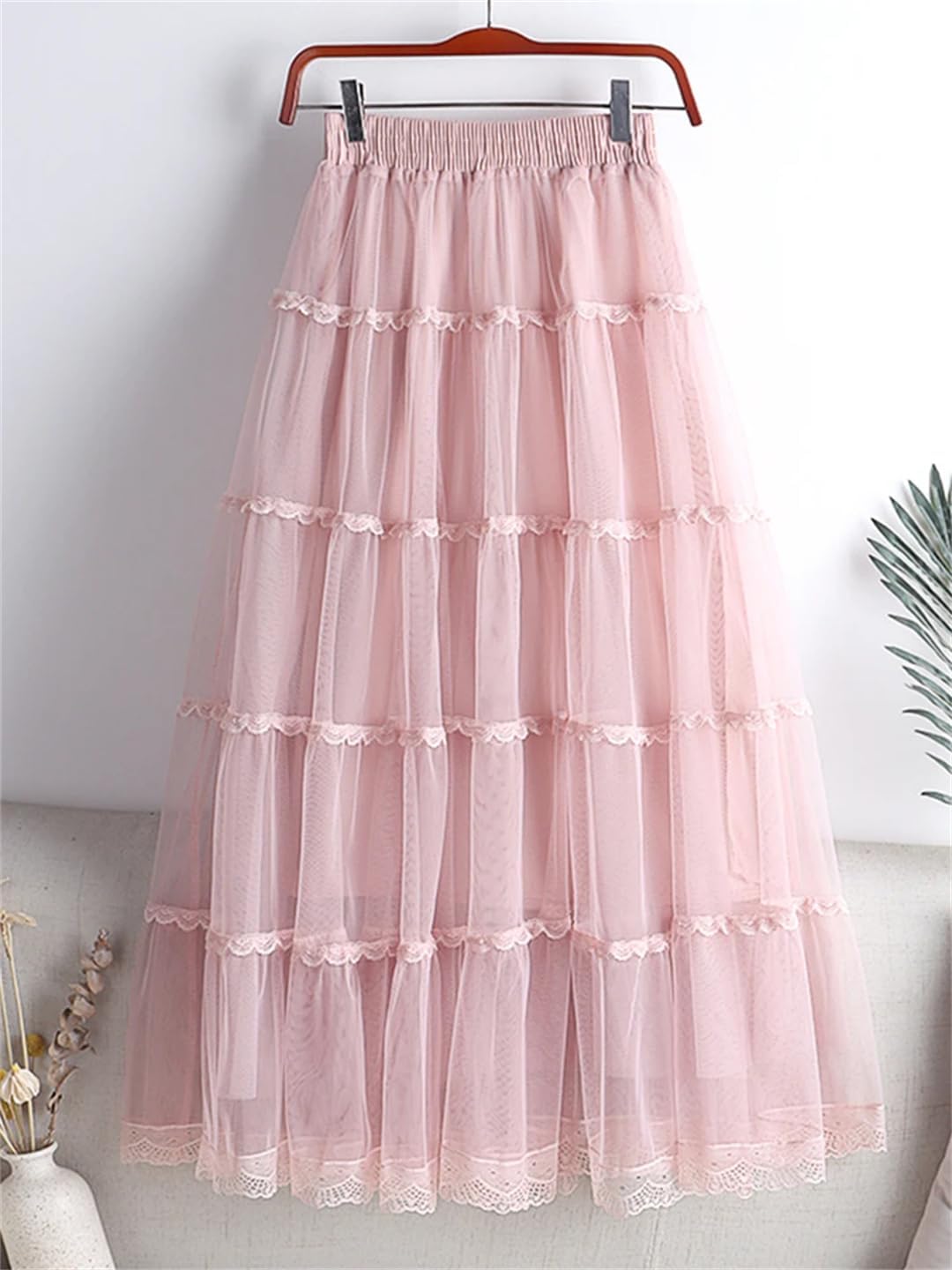 Patchwork Lace Tulle Skirt for Women Spring Summer Elegant Solid Mesh High Waist Midi Long Skirt