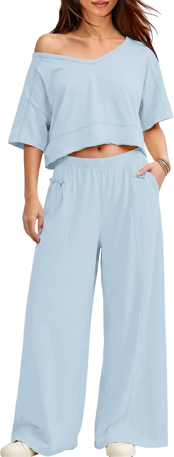 Yanekop Womens Two Piece Lounge Set for Summer Airport Travel Outfit V Neck Crop Tops and Wide Leg Pants with Pockets