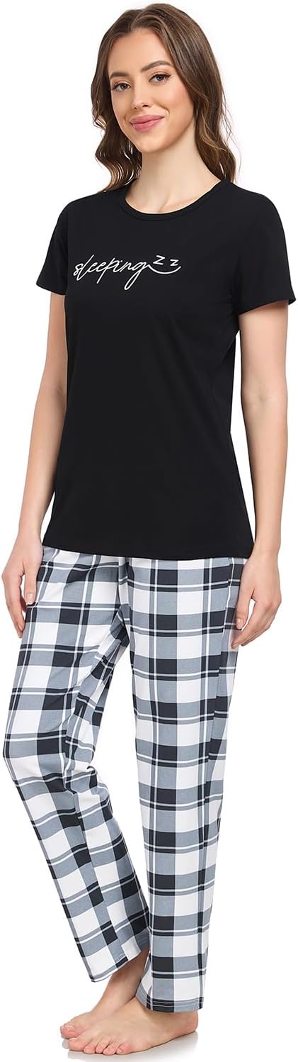 EISHOPEER Cotton Matching Pajamas for Couples Cute Printed Short Sleeve Top & Long Pants Sleepwear Pjs Sets - Image 2