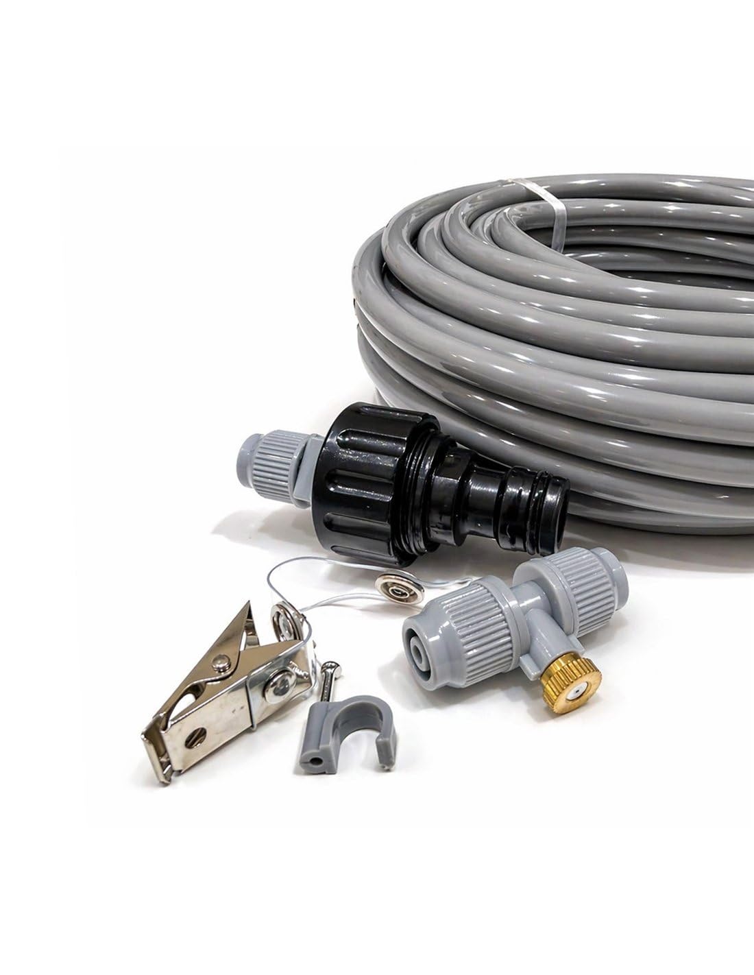 JARDIN202 - Kit Nebulizador de agua para Terraza, Pergola, Patio, Jardin o Invernadero | Boquillas de latón antical | 7 Boquillas | 30m (Gris)