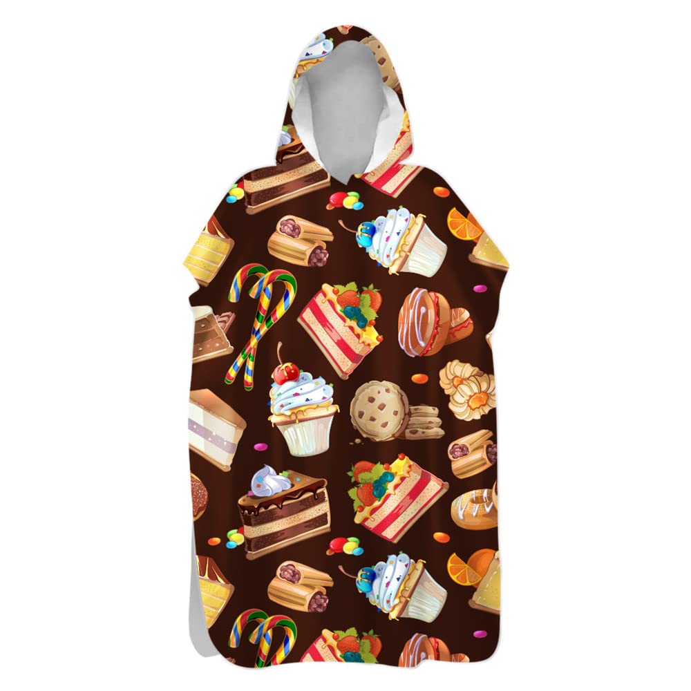 Treer Poncho Changing Robe Hooded, Dessert Cake candy Print Large Beach Towel Quick Dry Light Weight Blanket Towel with Hood for Surfing Swimming Wetsuit Adult Woman & Man (chocolate,60x110cm)