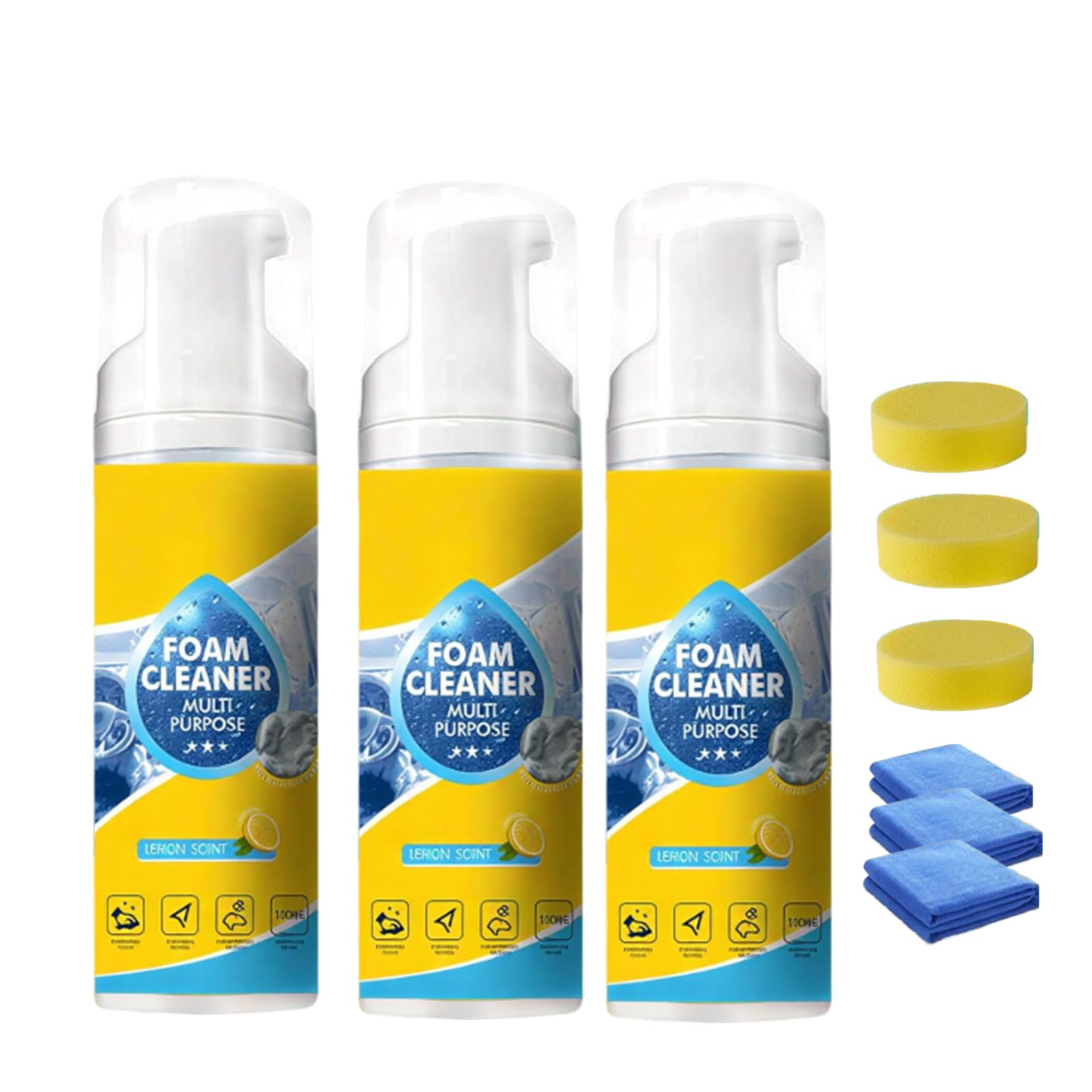 Detergente schiumogeno potente per interni auto con panno in microfibra e spugna, spray multiuso senza risciacquo per la pulizia profonda di sedili in pelle, cruscotto e rivestimenti in tessuto