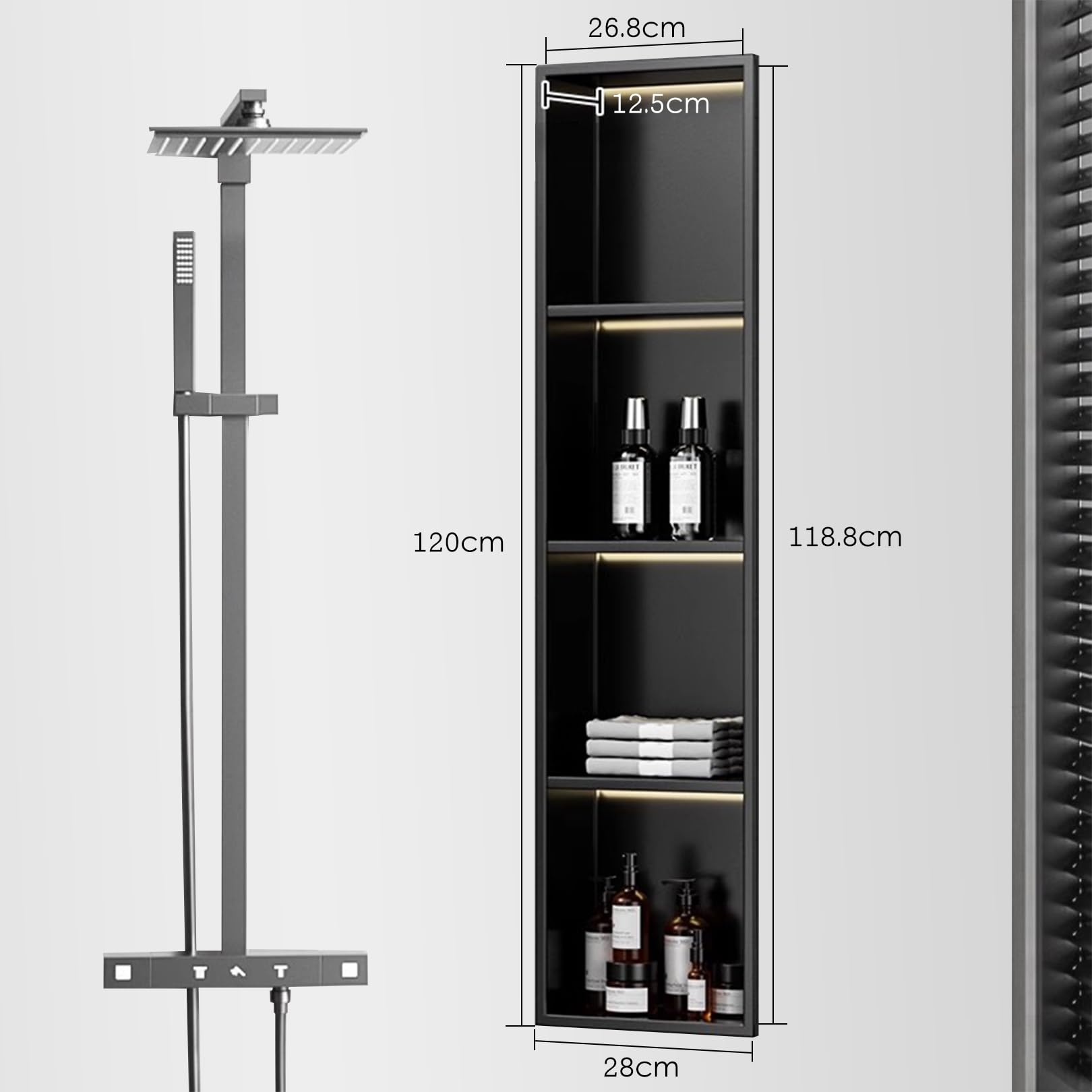 Ściana LED z wpuszczaną konstrukcją, bez płytek, idealna do instalacji w łazience, oszczędność miejsca i funkcjonalne rozwiązanie do przechowywania przyborów toaletowych i akcesoriów