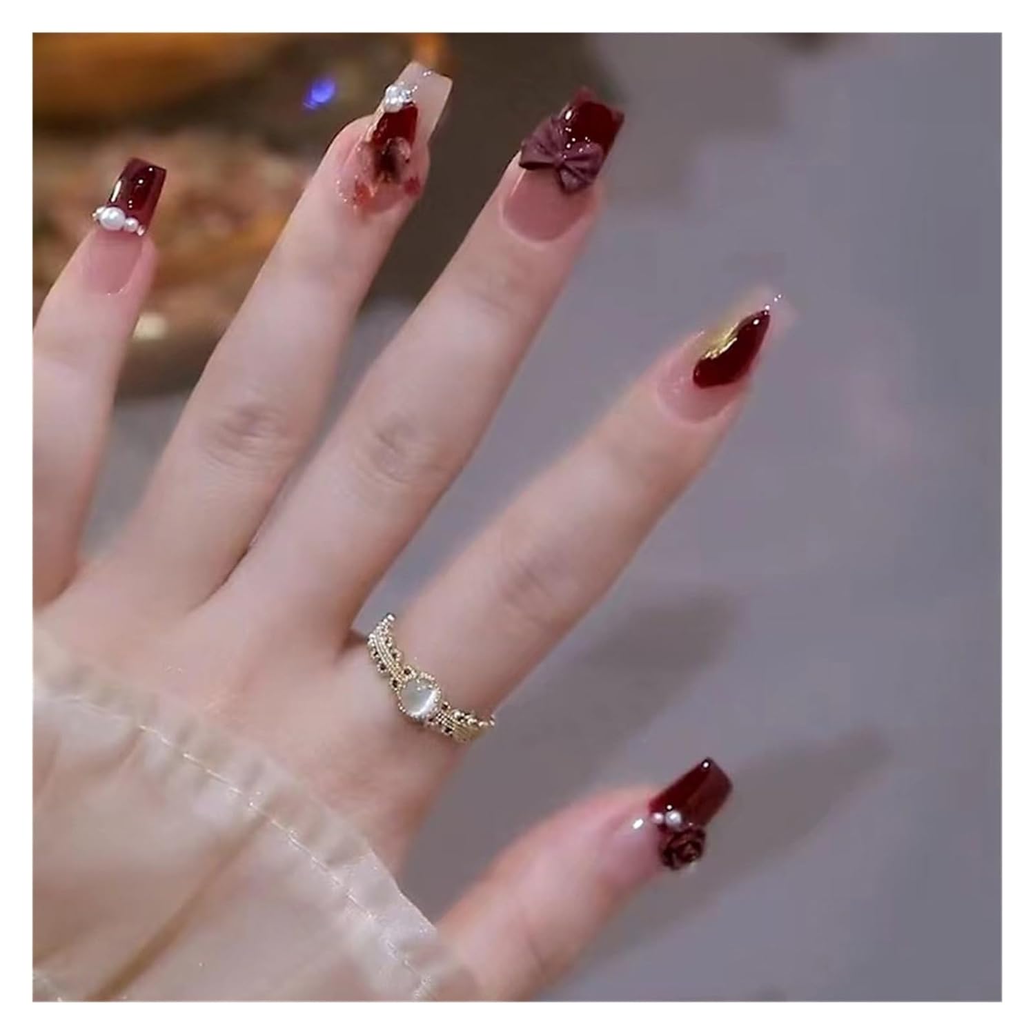 French Ume Plum Sauce Camellia Flower Nail Wear Bow Bridal Art Piece False Nails Removable