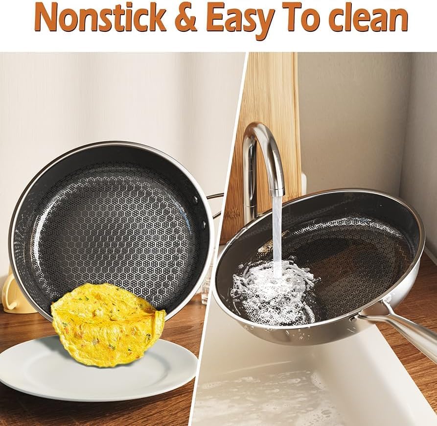 Kiseely frying pan showing an omelet easily sliding off and the pan being rinsed under water, demonstrating its non-stick and easy-to-clean properties.