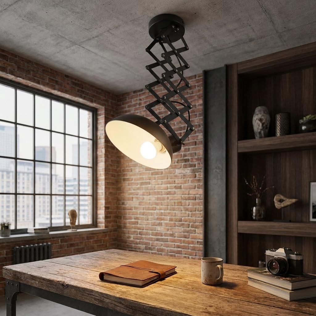 BARCELONA LED Vintage Industrielle Deckenlampe Ausziehbar Scherenarm Pendelleuchte E27, Metall Schwarz Matt, 220–240V, 40W, Verstellbar, Wohnzimmer Küche Schlafzimmer Büro Loft Beleuchtung
