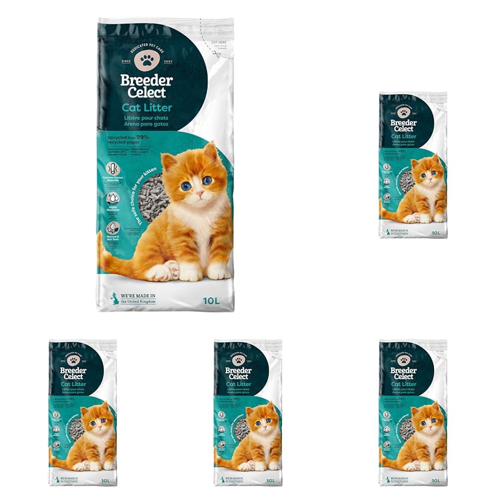 Breeder Celect Arena para Gatos Natural (10L) – 99% Papel Reciclado, Arena Altamente Absorbente, Control de Olores Óptimo, No Aglomerante, Biodegradable y Compostable (Paquete de 5)