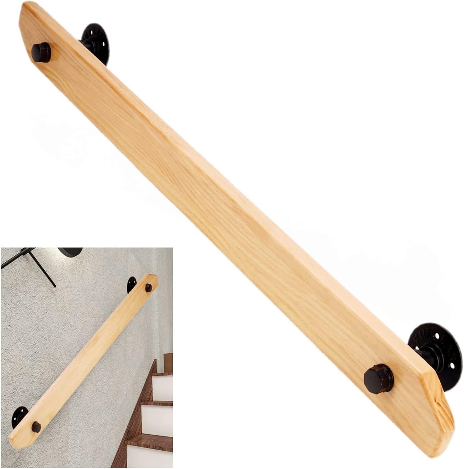 1.20ft Handrail Complete Set - Indoor & Outdoor Wooden Staircase Handrails Non-Slip Stair Handrails Wood Home Kindergarten Guardrail with Wall Mount Supports,for Stairs Villa Loft