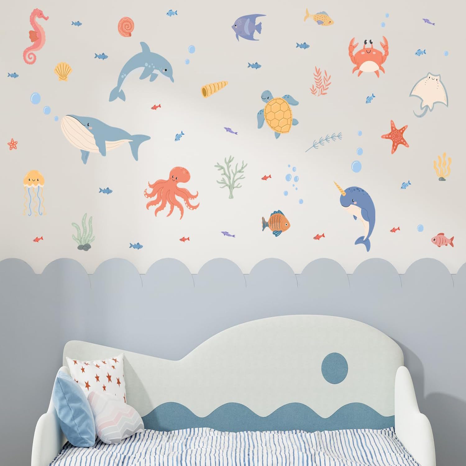 HPNIUB Under The Sea Kids Ocean Themed Wall Stickers 35”x12”Colorful Animal Room Sticker Fish Dolphin Window Clings Sea Life and Creature Removable Wall Stickers for Bathroom Kids Room Decor - Image 4