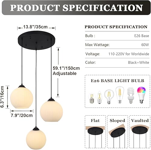 Miniatura 2 de Lámpara colgante de 3 luces de globo de color negro, lámpara colgante de cristal de leche, 3 lámparas colgantes para colgar en el techo, iluminación