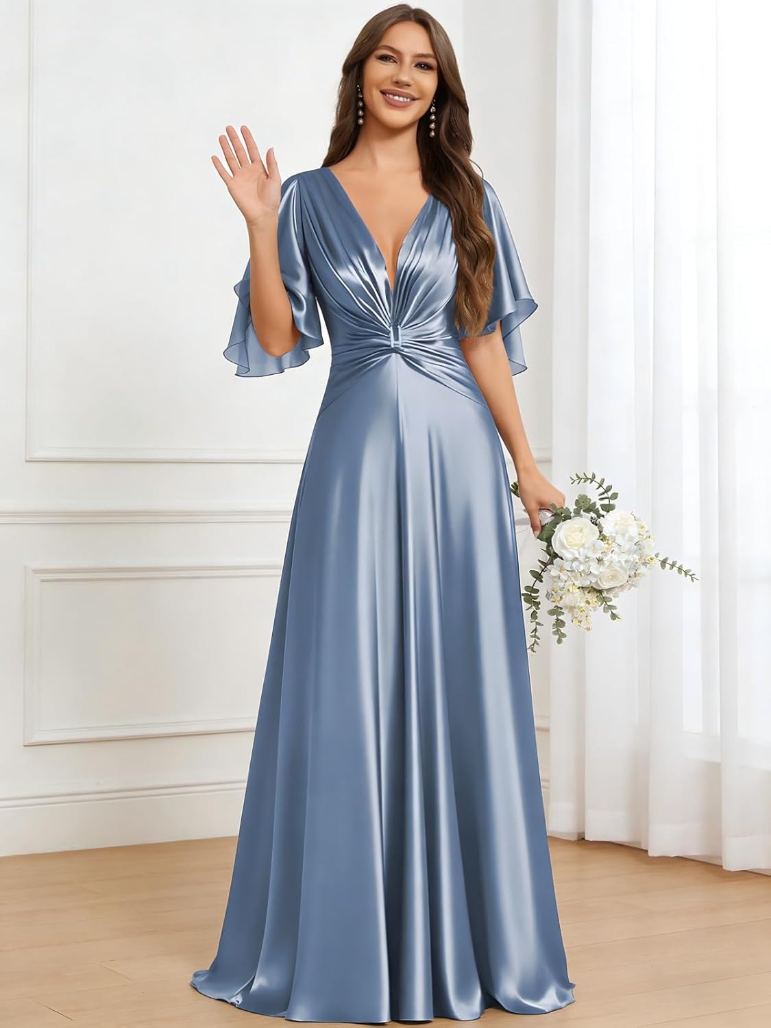 Ruffle Sleeve Bridesmaid Dresses Long for Women Satin Pleated A Line Formal Wedding Guest Dress