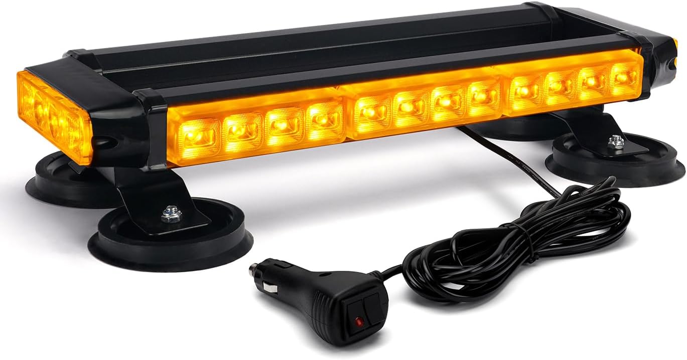 Amber 32 LED Strobe Flashing Light Bar, 21 Flash Modes 14.5 Inch Emergency Hazard Warning Beacon Lights with Magnetic Base for Tow Vehicles Trucks Car Trailer Tractor Snow Plow Roof Safety