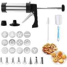 Stainless Steel Cookies Press Set, Churro Maker Machine, Cookie Press Gun Kit with 13 Cookie Discs, 8 Piping Tips and 2 Clean Brushes for DIY Biscuit/Cake Maker and Decorating Baking Supplies