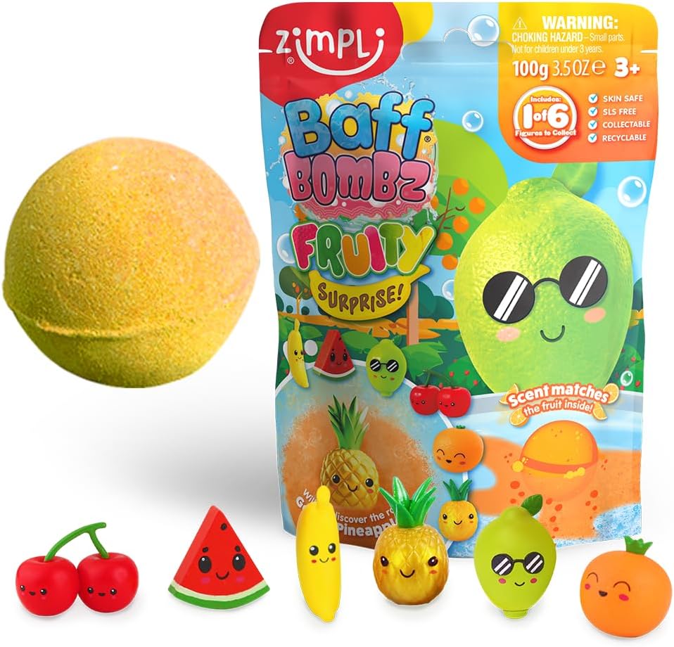 ZIMPLI - Large Fruity Surprise Bath Bomb, 1 of 6 Surprise Fruity Toys to Collect, One per Baff Bomb, Pocket Money, Bath Bomb Gift for Children, Collectable Figures
