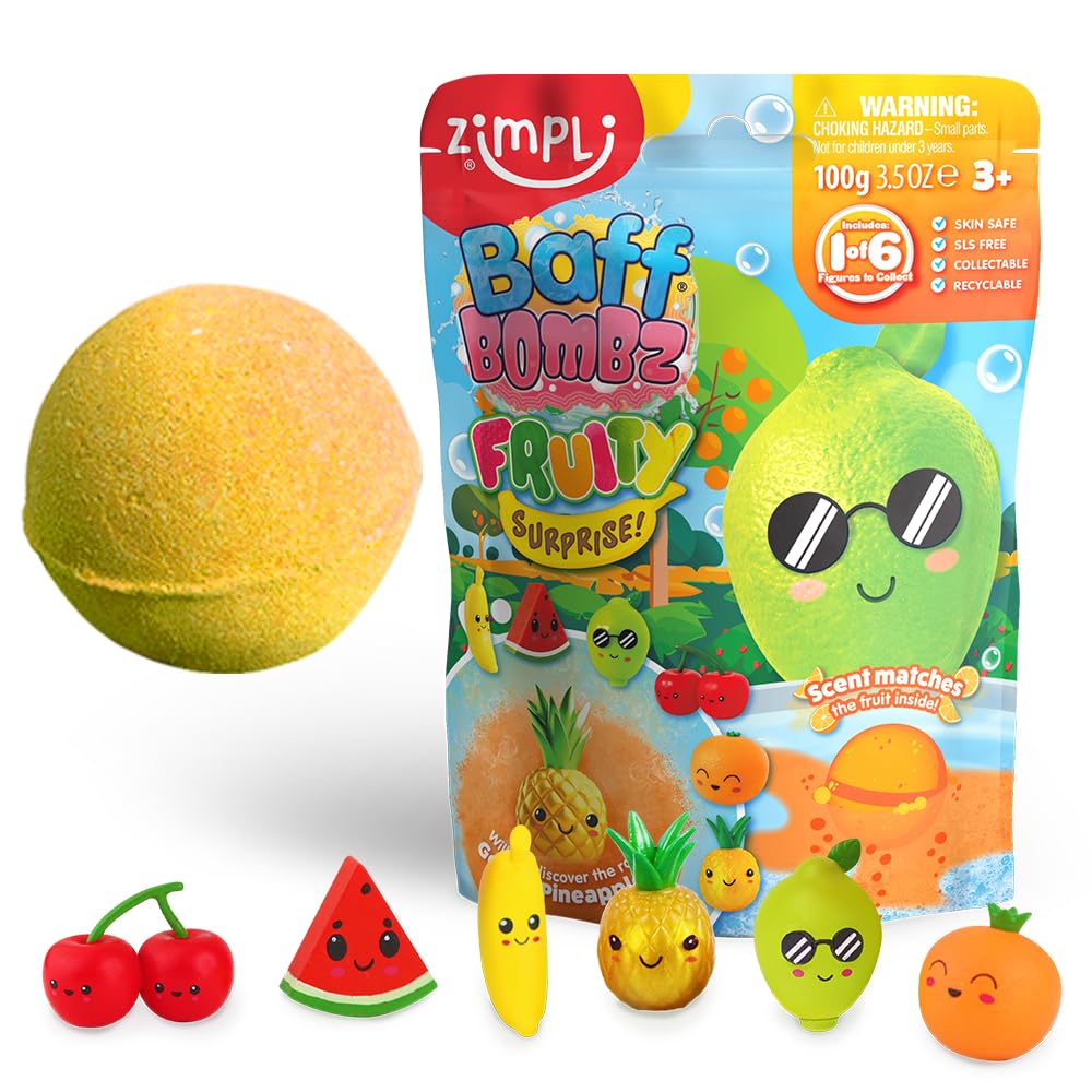 ZIMPLI - Large Fruity Surprise Bath Bomb, 1 of 6 Surprise Fruity Toys to Collect, One per Baff Bomb, Pocket Money, Bath Bomb Gift for Children, Collectable Figures