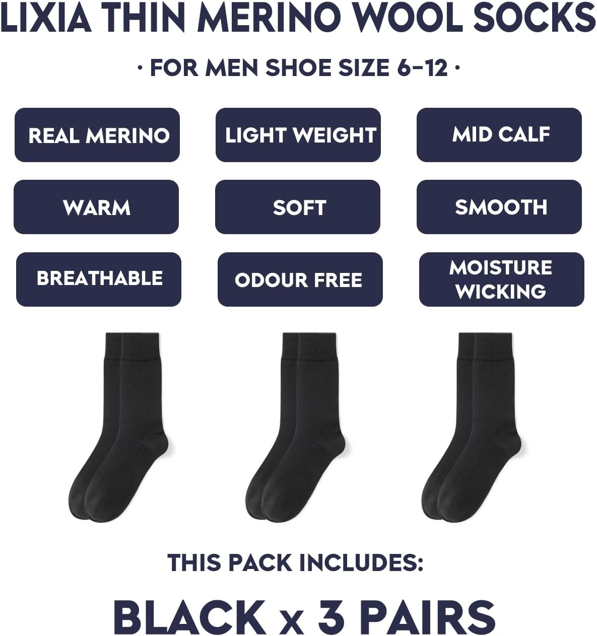 LIXIA Men's Thin Merino Wool Socks, Cozy Winter Warm Breathable Mid-calf Casual Dress Liners 3/6 Pairs Pack - Image 2