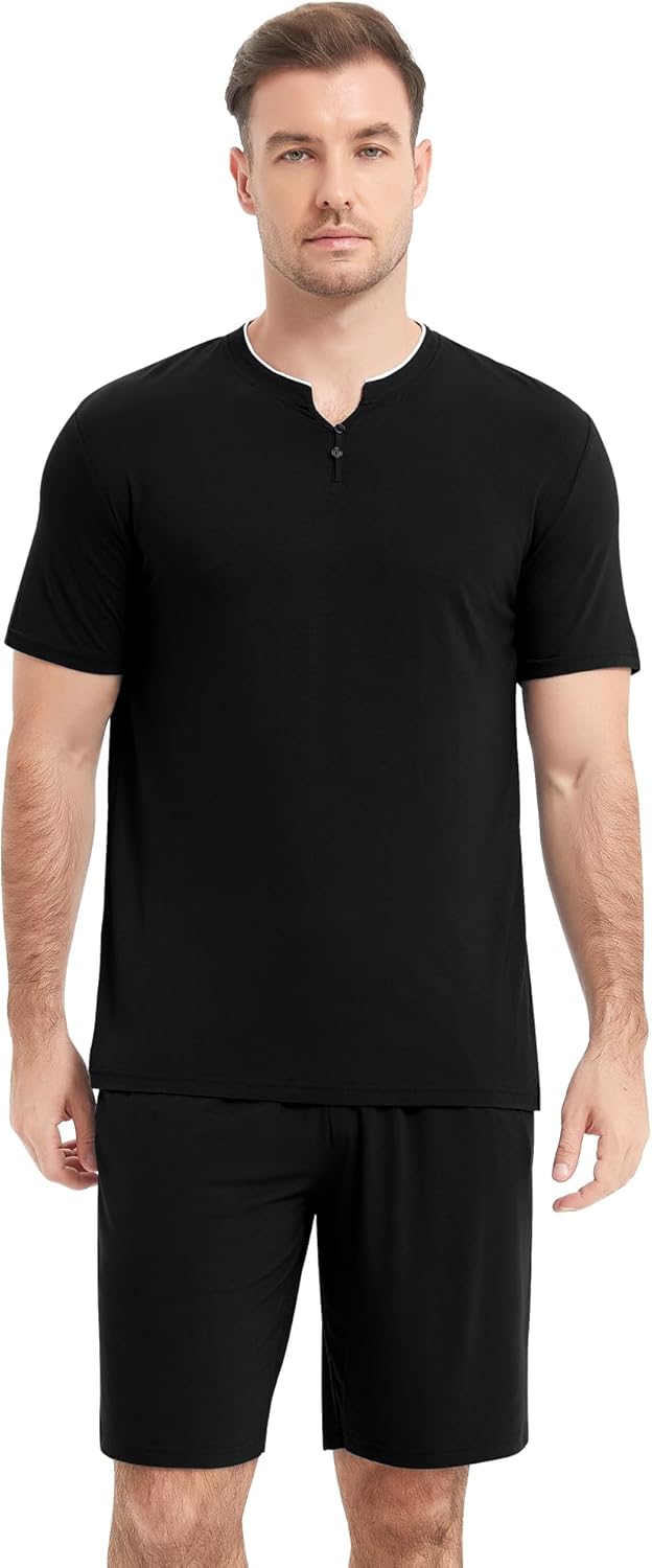 NACHILA Pajamas for Men Pj Short Sleeve Sleepwear with Shorts V Neck Loungewear Cool Pajama,Viscose Made from Bamboo