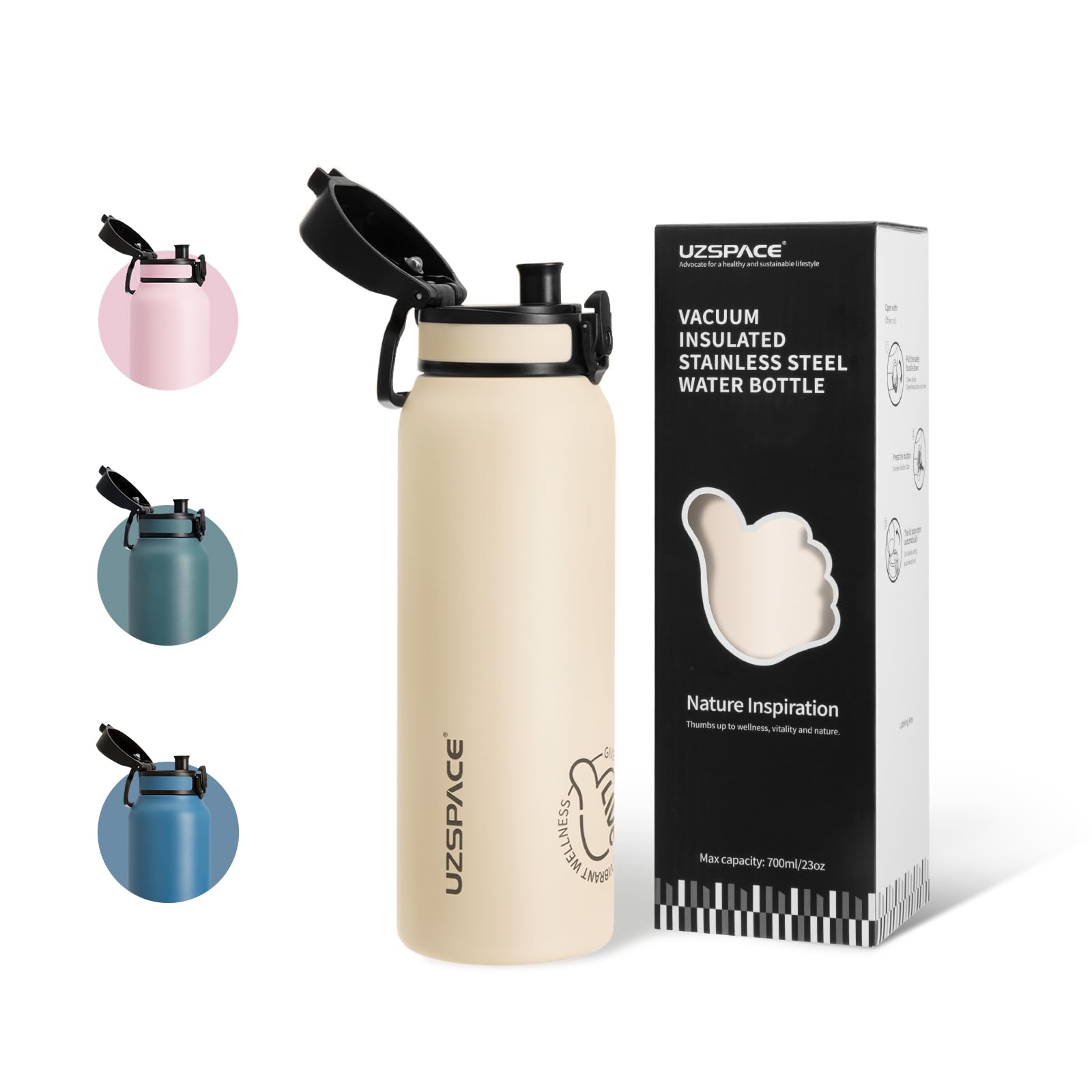 UZSPACE Stainless Steel Water Bottle Kids 700ml with Handle - Double-Walled Insulated Water Bottles That Keep Drinks Cold & Hot - Leakproof Metal Bottle for School or Works & Sports Cream White