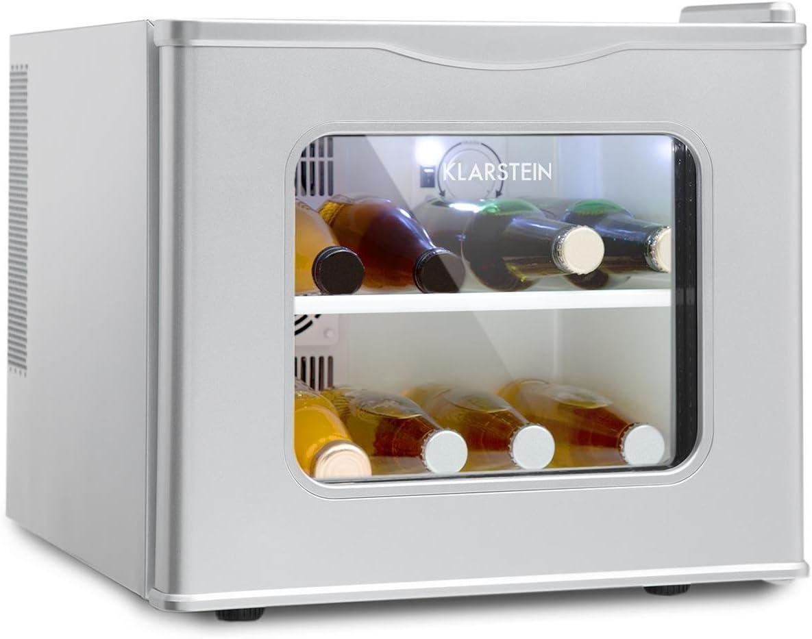 KLARSTEIN Winehouse Mini Bar - 17 l, 60 W, Class A ++, 38 dB, Glass Door, Temperature 8-18 ° C, Low Noise, Double Glazing, Stainless Steel Housing, Compact, Silver
