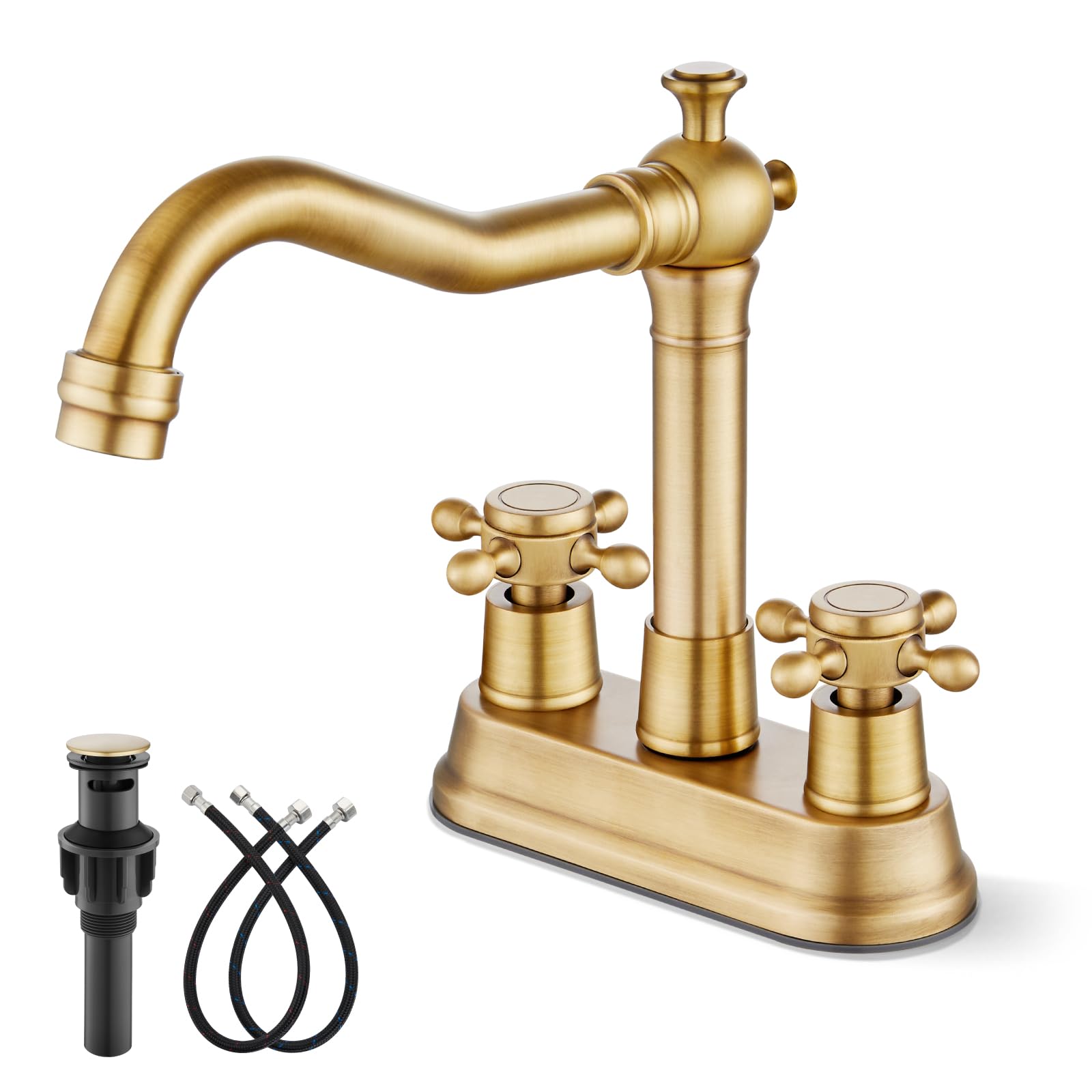 Gotonovo Antique Brass 2 Hole 4 Centerset Bathroom Sink Faucet with Double Cross Handles Deck Mounted Brass Vanity