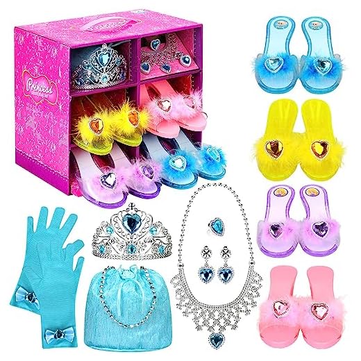 Princess Dress Up Shoes Set Girls Role Play Shoes Pretend Jewelry Toys Set Gift Set 4 Pairs of Shoes Kit Collection of Tiara Crown Earrings Necklace Rings Handbag Gloves for Girls Aged 3-6 Years Old