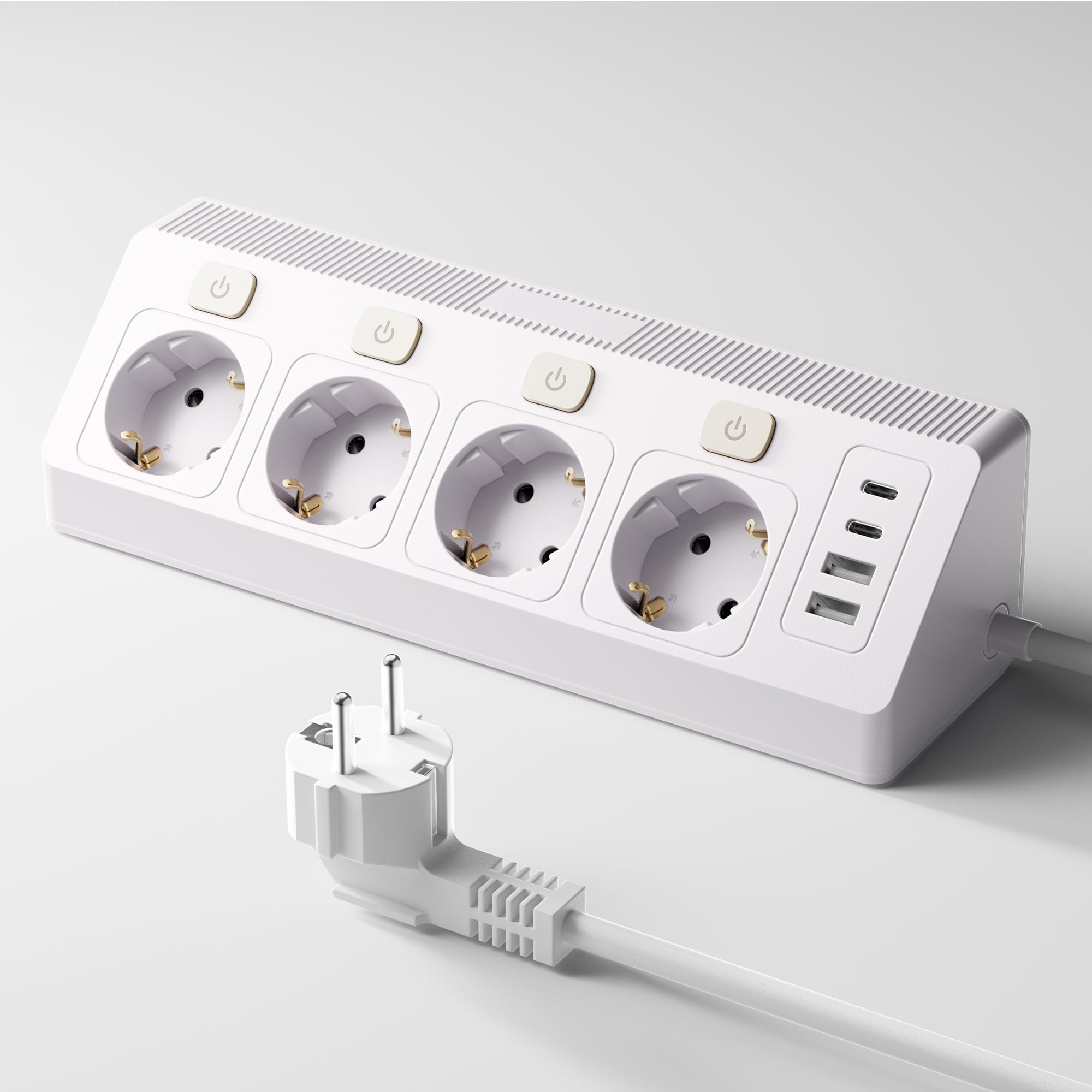 RIXGLEAM Ecksteckdose mit 2 USB und 2 Type-C, Desktop Steckdosenleiste, 16A/3840W Steckdosenleiste Wandmontage mit 2M Verlängerungskabel, 4 Fach Mehrfachsteckdose mit USB für Büro, Küche, Weiß