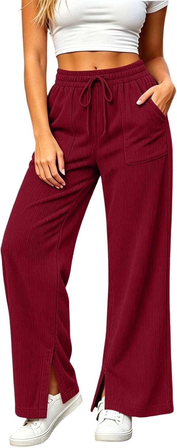 Women Corduroy Wide Leg Pant High Waist Split Hem Lounge Trousers