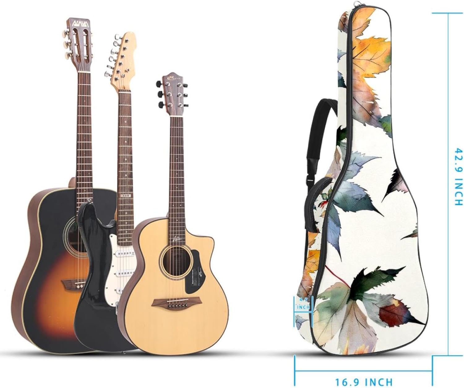 Acoustic Guitar Bag 0.4 Inch Thick Padding Waterproof Guitar Case Gig Bag for 40 41 42 Inch Electric Bass Classical Guitar, Watercolor Autumn Leaves Pattern