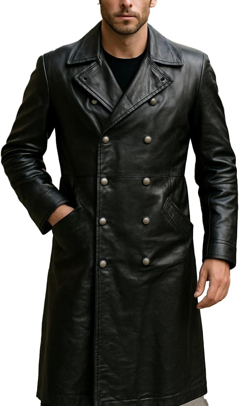 WW2 German Classic Coat SS Leather Full Length Army Military Officer Trench Overcoat