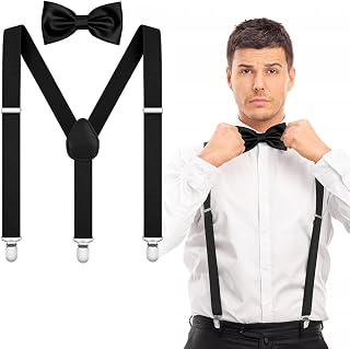 AOOWU Hosenträger Breit Mit Fliege im Set, 3,5 Cm Verstellbar für Herren Mit Sehr Starken 3 Metallklammern, Einheitsgröße für Männer und Frauen (Schwarz)