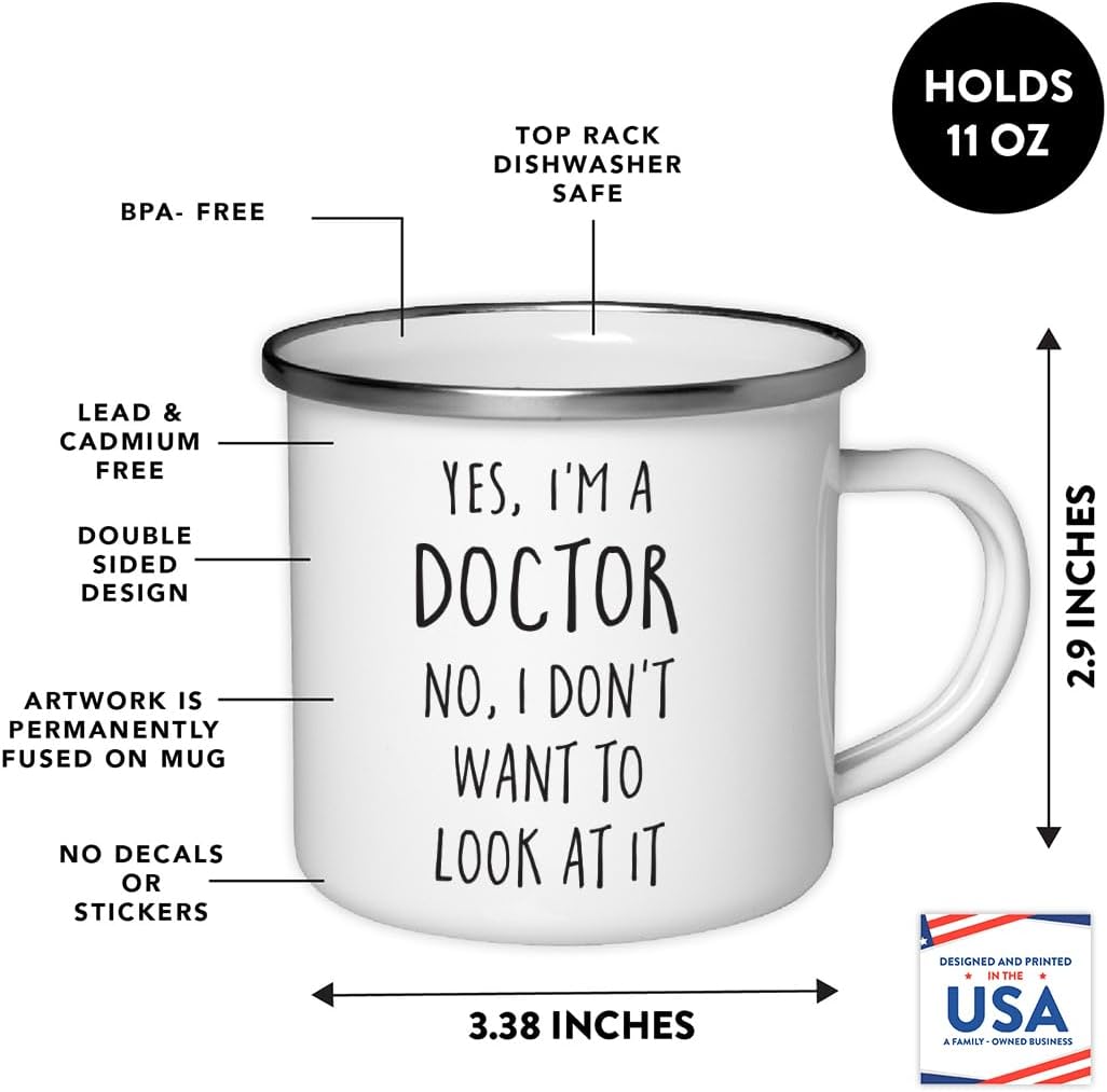 Andaz Press 11oz. Graduation Stainless Steel Campfire Coffee Mug Gift, Yes, I'm a Doctor No, I Don't Want to Look at It, 1-Pack, Enamel Camping Cups for Graduates School Students of Class of 2024