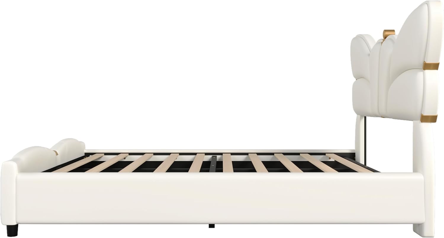 Merax Full Size Upholstered PU Leather Bed Frame with Butterfly Headboard and Footboard, Modern Platform Bed with Gold Metal Accents, Wooden Slat Support, No Box Spring Needed, Easy Assembly,Beige