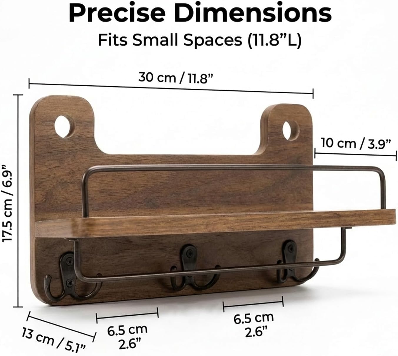 REFGY Key Holder for Wall with Shelf - 5.1" Deep Large Mail Organizer Wall Mount with 3 Heavy-Duty Dual Hooks & Safety Guardrail - Rustic Wood Wall Shelf for Entryway, Kitchen, Office