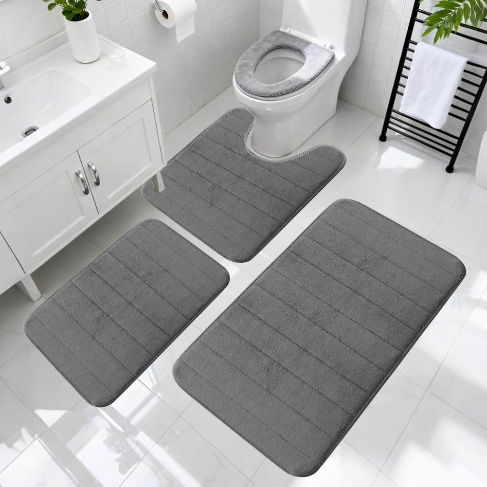 Set di 3 tappeti da bagno con memory foam - tappetini da bagno antiscivolo e lavabili per bagno, doccia e toilette, comfort di lusso e design moderno (grigio scuro)