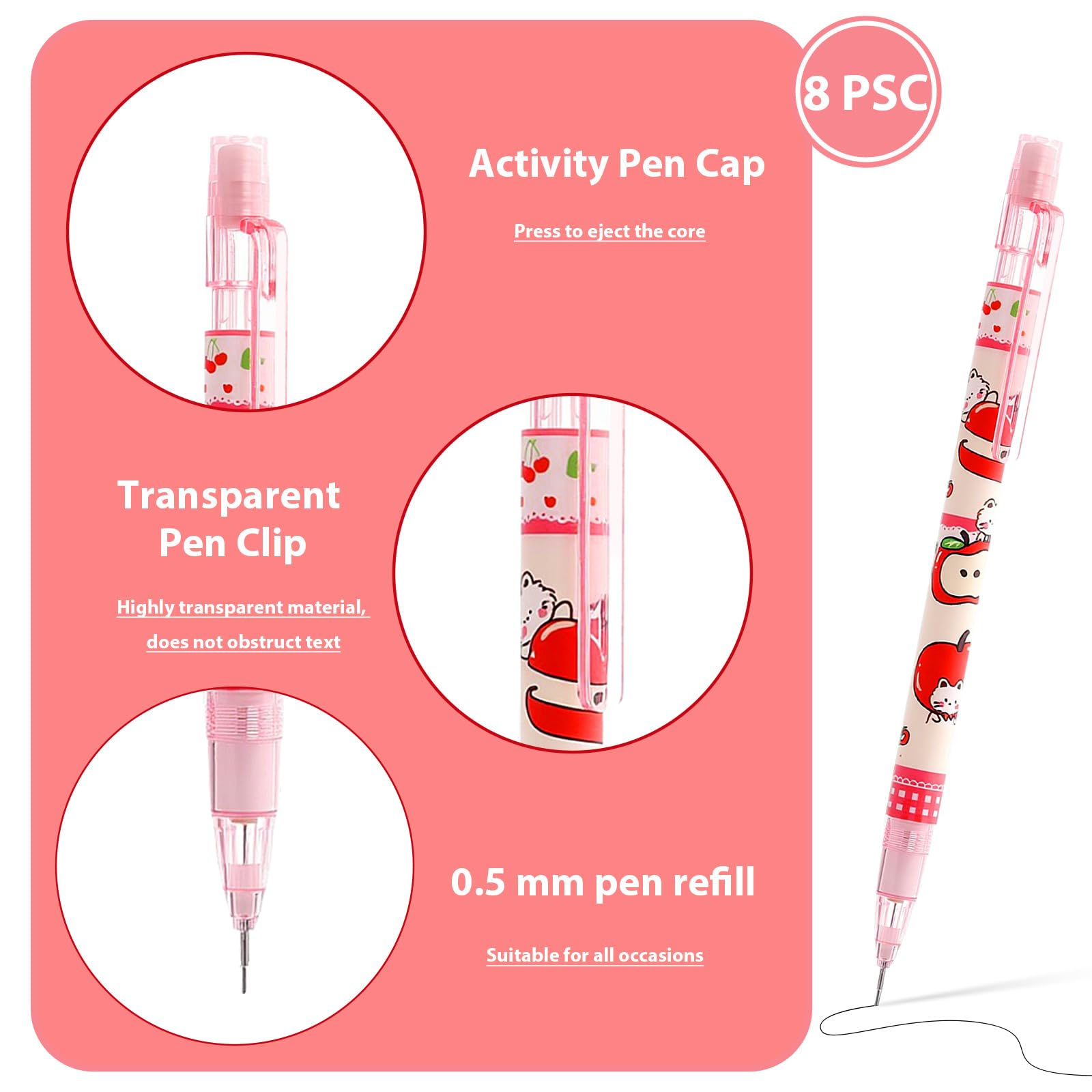 Lot de 8 porte-mines en forme de chat mignon rouge avec gomme de 0,5 mm pour l'école, le bureau, l'école