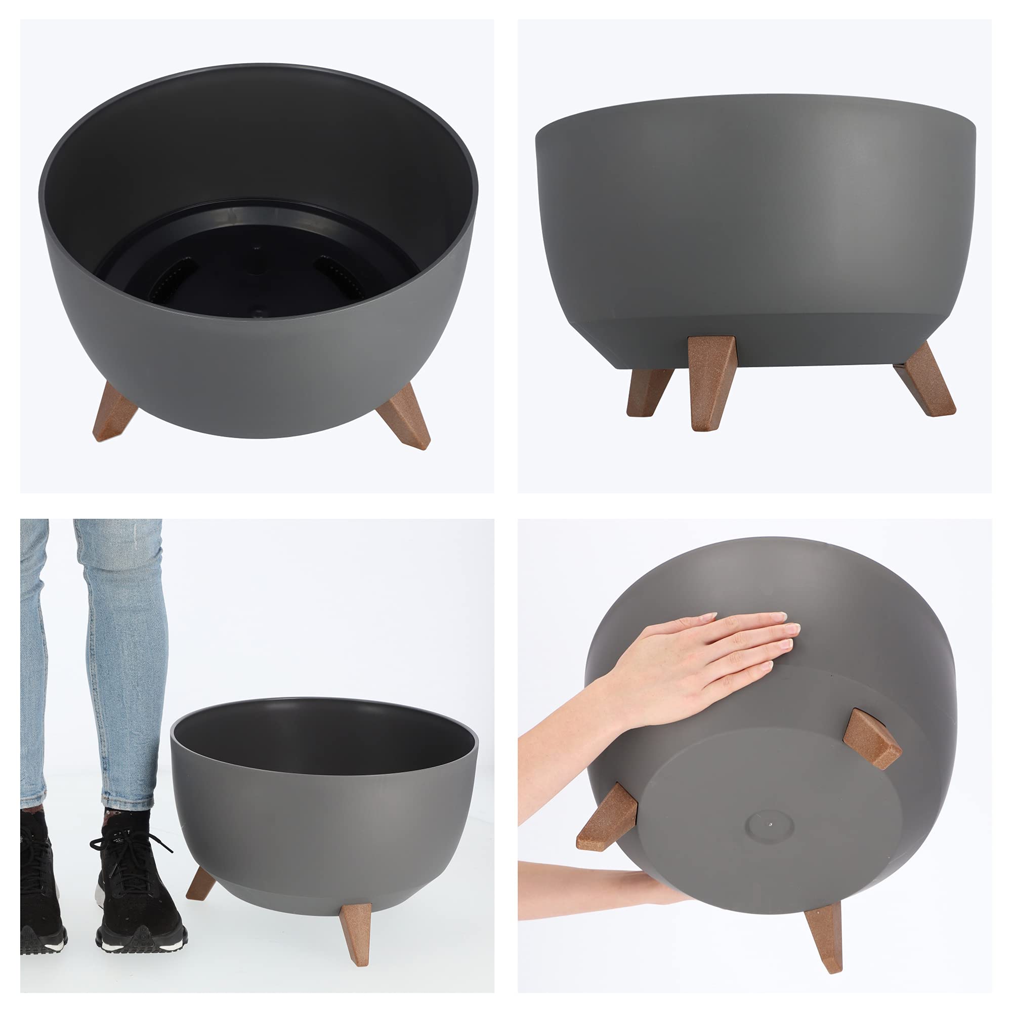 KADAX Plastic Flower Pot with Three Stands, Round Flower Bowl, Flower Pot, Flower Pot, Flower Pot, Balcony, Living Room (39.5 cm, Anthracite) — view 7