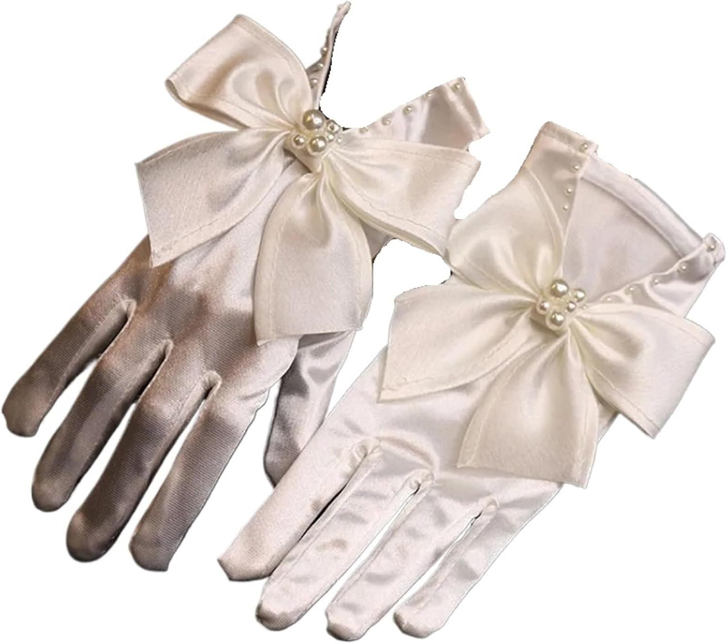 2 Pairs Women Satin Bow Retro Style Pearl Decoration Elegant Wedding Gloves for Weddings, Tea Parties