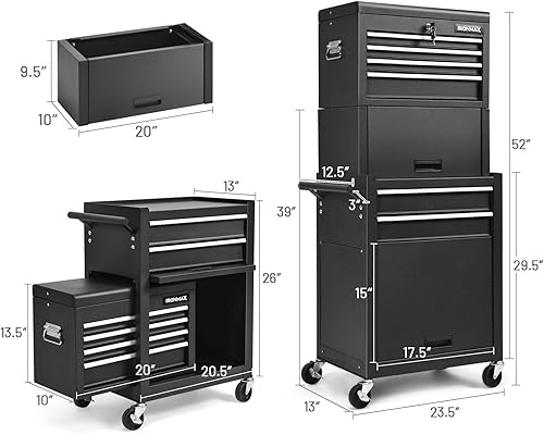 Miniatura 3 de ERGOMASTER Caja de herramientas rodante, caja superior extraíble, gabinete inferior grande con ruedas y sistema de bloqueo, caja de herramientas con