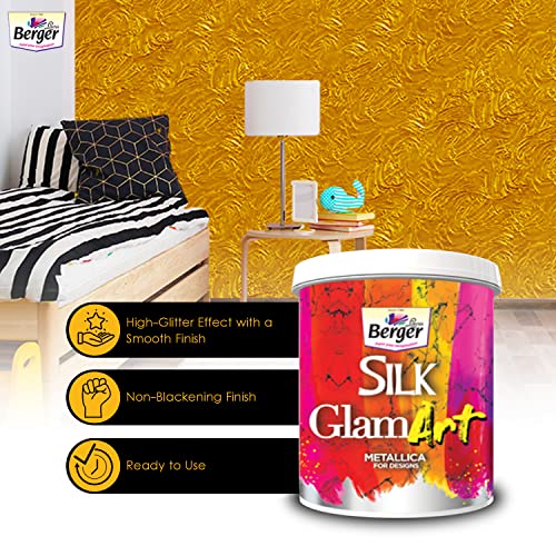 Image of Berger Silk GlamArt Metallica Gold Paint for Metallic Textures on walls & other surfaces | High Glossy Metallic| 1 Litre