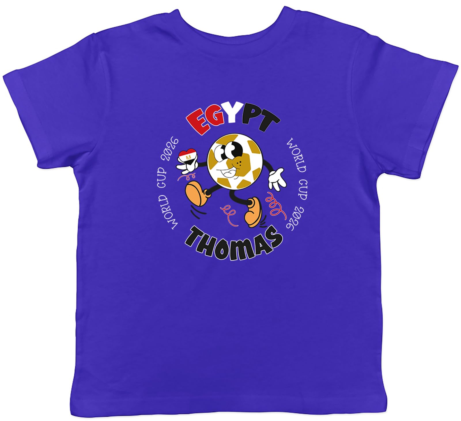 Shopagift Personalised Egypt World Cup Heart Football Fan Kids T-Shirt Childrens Tee Boys Girls Blue